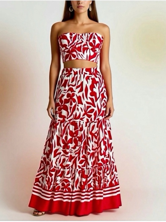solaris Dresses & Skirts - Floral Red and White maxi Skirt tube top cut out outfit set M (4/6)
